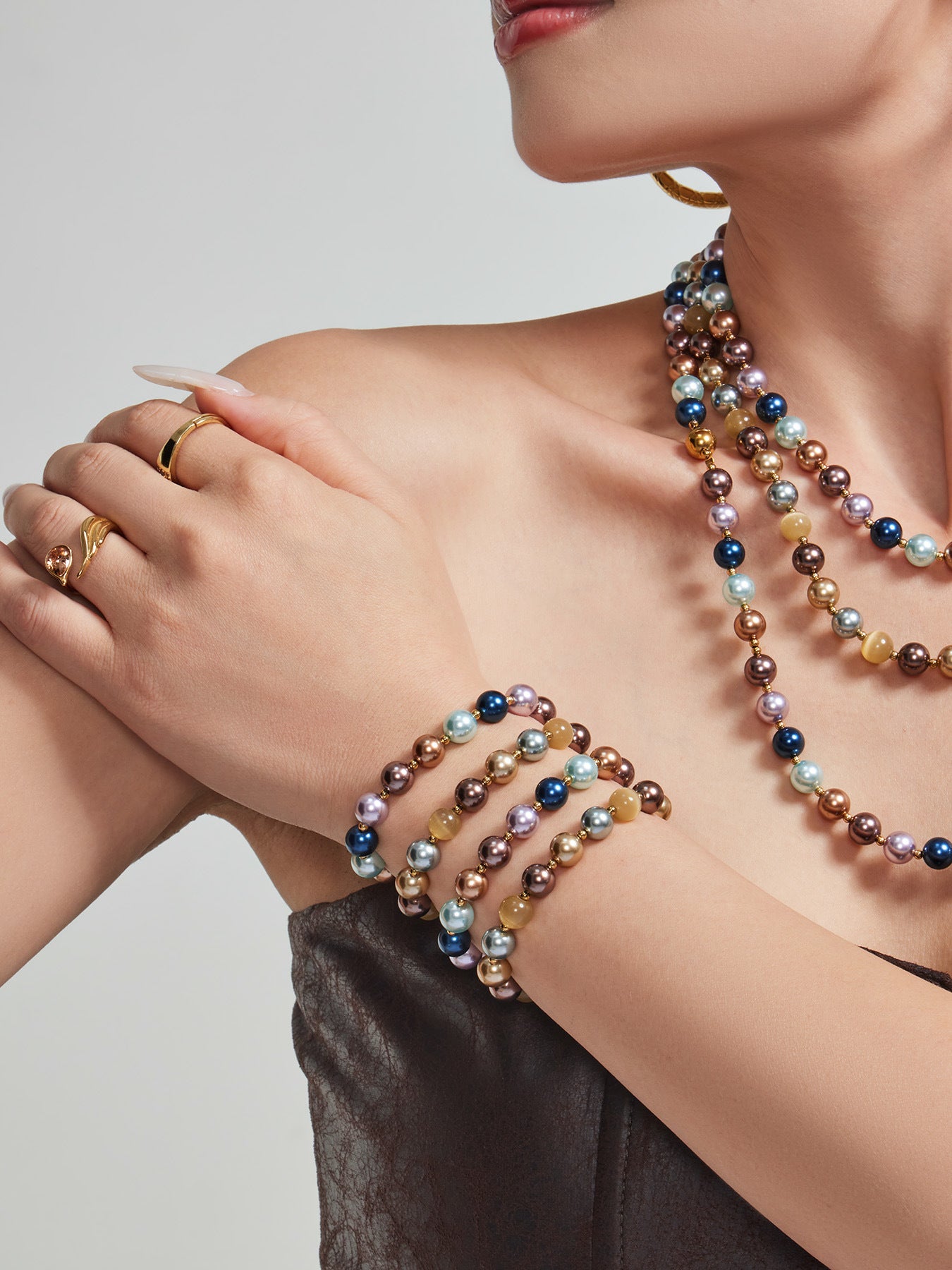 316L Stainless Steel 18K Gold PVD Mixed Color Pearl & Cat's Eye Stone Beaded Charm Necklace - Mixed Color Pearl, Cat's Eye Stone, Beaded, Charm, Modern, Elegant Wholesale Stainless Steel Jewelry - Sensitive Skin Friendly - Detail 8