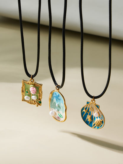 316L Stainless Steel 18K Gold PVD Monet Garden Picture Frame Design Enamel Imitation Pearl Pendant Adjustable Necklace - Monet Garden, Picture Frame, Enamel, Imitation Pearl, Gold, Adjustable, Delicate, Artistic Wholesale Stainless Steel Jewelry - Sensitive Skin Friendly - Detail 10
