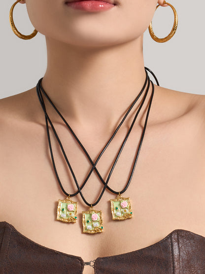 316L Stainless Steel 18K Gold PVD Monet Garden Picture Frame Design Enamel Imitation Pearl Pendant Adjustable Necklace - Monet Garden, Picture Frame, Enamel, Imitation Pearl, Gold, Adjustable, Delicate, Artistic Wholesale Stainless Steel Jewelry - Sensitive Skin Friendly - Detail 2