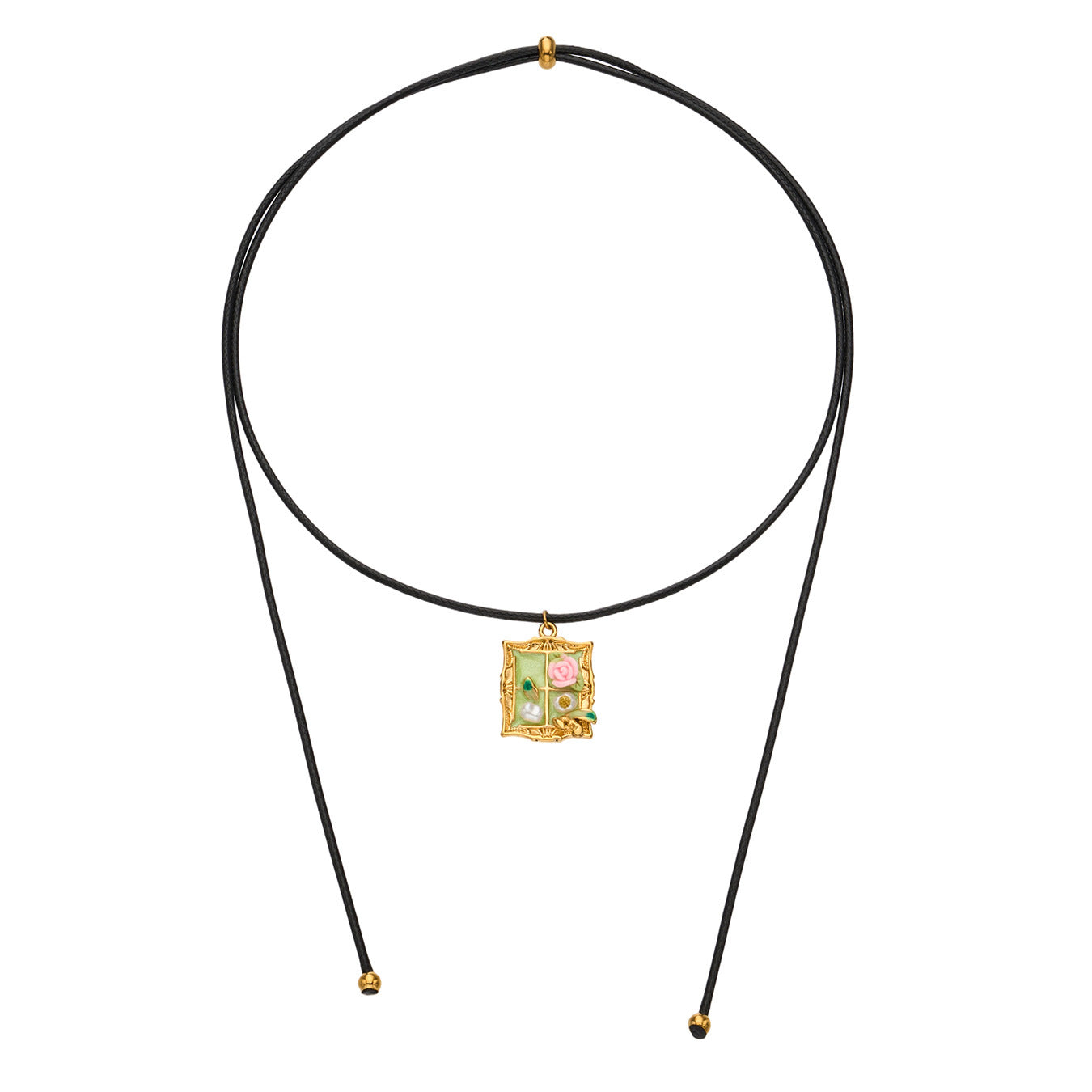316L Stainless Steel 18K Gold PVD Monet Garden Picture Frame Design Enamel Imitation Pearl Pendant Adjustable Necklace - Monet Garden, Picture Frame, Enamel, Imitation Pearl, Gold, Adjustable, Delicate, Artistic Wholesale Stainless Steel Jewelry - Sensitive Skin Friendly - Detail 4