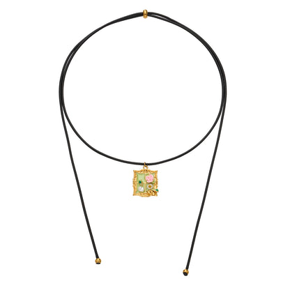 316L Stainless Steel 18K Gold PVD Monet Garden Picture Frame Design Enamel Imitation Pearl Pendant Adjustable Necklace - Monet Garden, Picture Frame, Enamel, Imitation Pearl, Gold, Adjustable, Delicate, Artistic Wholesale Stainless Steel Jewelry - Sensitive Skin Friendly - Detail 4