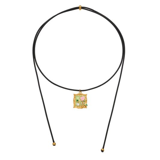316L Stainless Steel 18K Gold PVD Monet Garden Picture Frame Design Enamel Imitation Pearl Pendant Adjustable Necklace - Monet Garden, Picture Frame, Enamel, Imitation Pearl, Gold, Adjustable, Delicate, Artistic Wholesale Stainless Steel Jewelry - Sensitive Skin Friendly - Detail 4