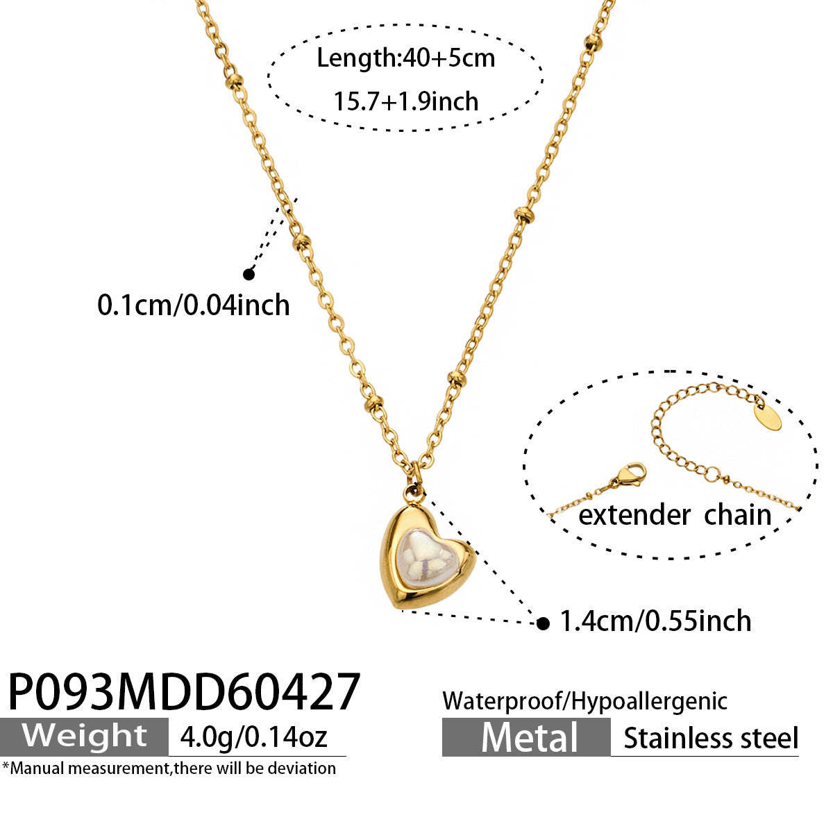 316L Stainless Steel 18K Gold PVD Mother of Pearl Heart Pendant Necklace - Minimalist Gold Heart Mother of Pearl Pendant Necklace Wholesale Stainless Steel Jewelry - Sensitive Skin Friendly - Detail 15