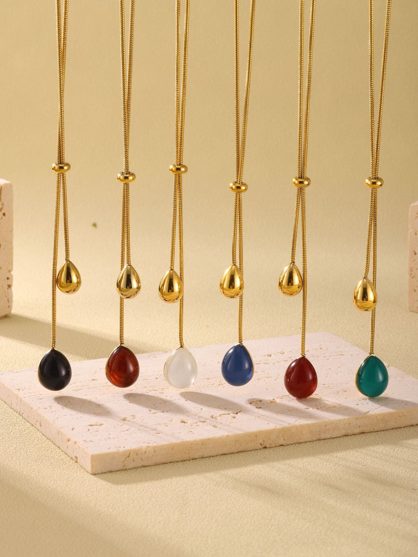 316L Stainless Steel 18K Gold PVD Multi-Color Waterdrop Sweater Chain Necklace - Multicolor Waterdrop Pendant Long Necklace Wholesale Stainless Steel Jewelry - Sensitive Skin Friendly - Detail 6