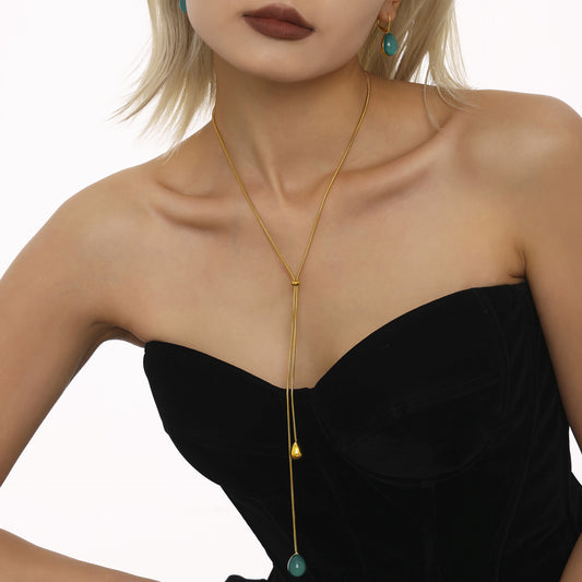 316L Stainless Steel 18K Gold PVD Multi-Color Waterdrop Sweater Chain Necklace - Multicolor Waterdrop Pendant Long Necklace Wholesale Stainless Steel Jewelry - Sensitive Skin Friendly - Detail 7