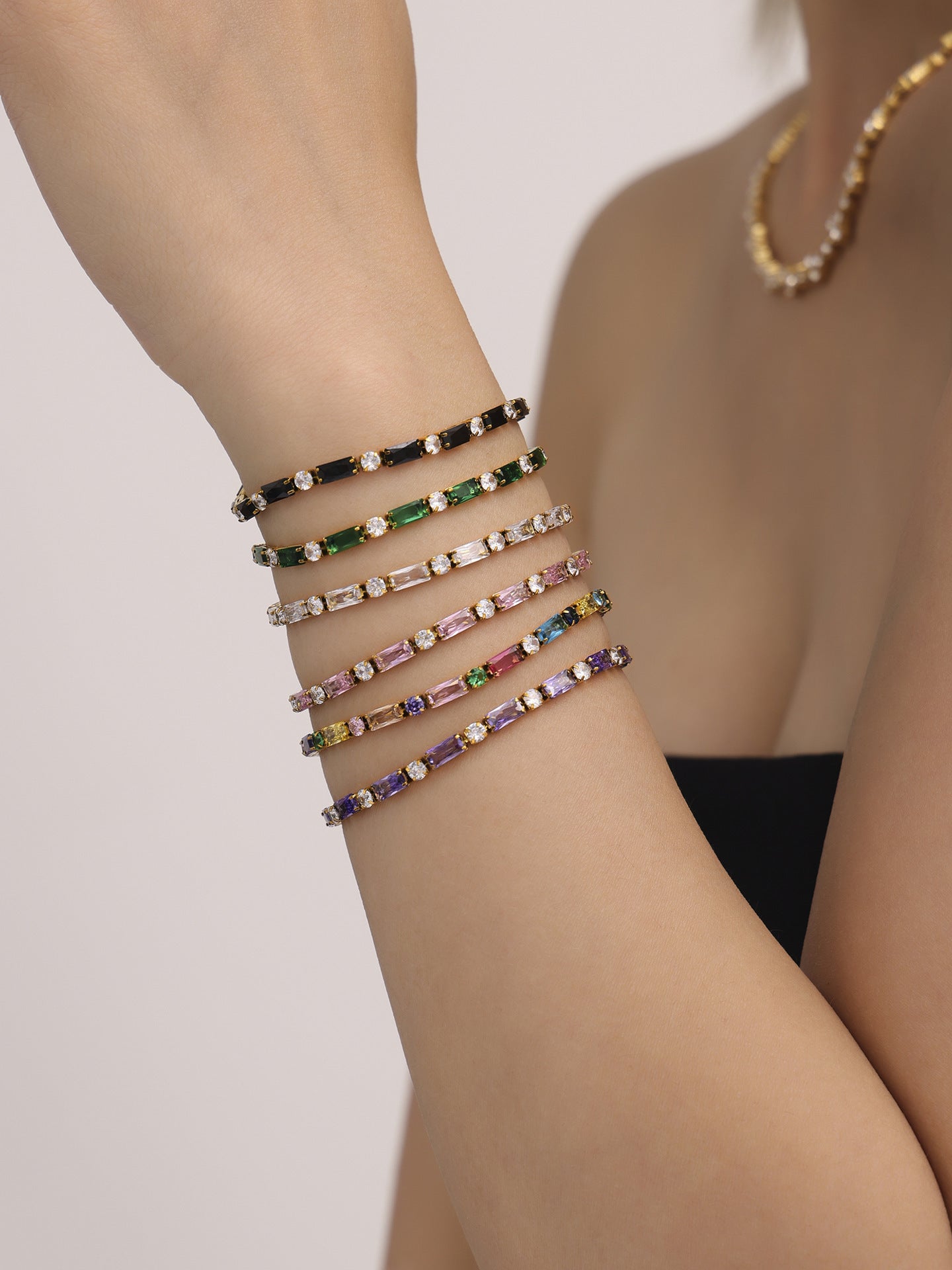 316L Stainless Steel 18K Gold PVD Multi-Color Zircon Bracelet - Multi-Color Zircon, 18K Gold PVD, Elegant Bracelet Wholesale Stainless Steel Jewelry - Sensitive Skin Friendly - Detail 12