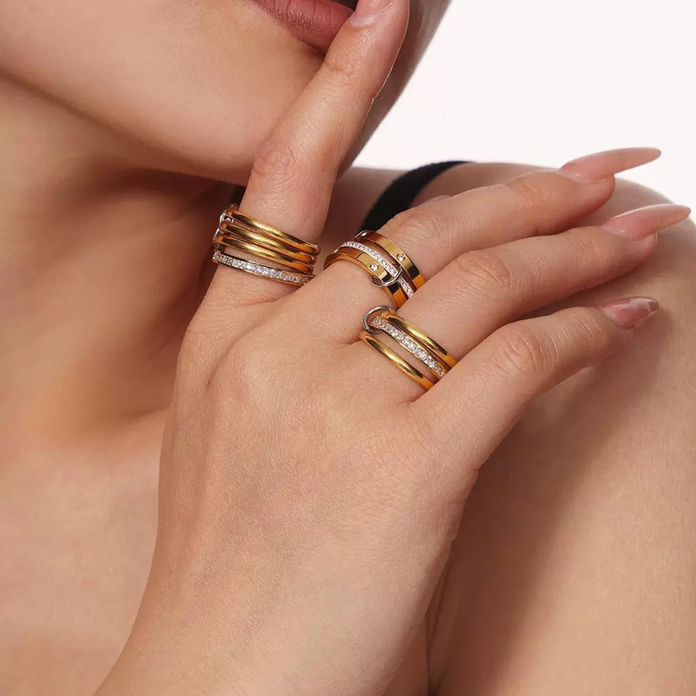 316L Stainless Steel 18K Gold PVD Multi-layer Diamond Ring - Multi-layer Diamond Ring Wholesale Stainless Steel Jewelry - Sensitive Skin Friendly - Detail 2