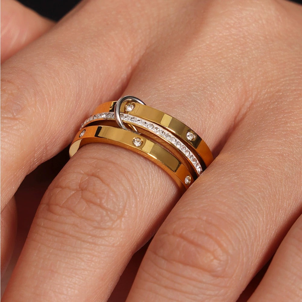 316L Stainless Steel 18K Gold PVD Multi-layer Diamond Ring - Multi-layer Diamond Ring Wholesale Stainless Steel Jewelry - Sensitive Skin Friendly - Detail 4
