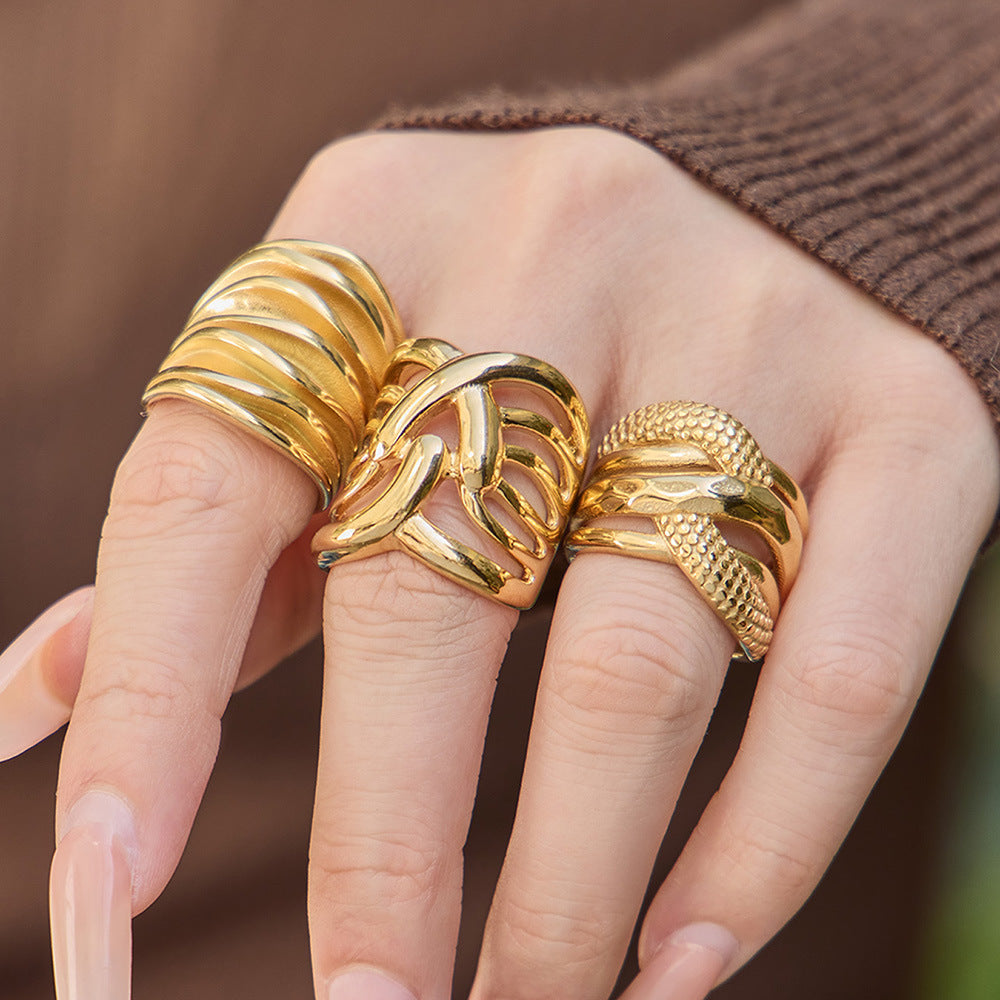 316L Stainless Steel 18K Gold PVD Multi-layer Hollow-out Statement Ring - Multi-layer Ring, Hollow-out Design, Statement Piece Wholesale Stainless Steel Jewelry - Sensitive Skin Friendly - Detail 11