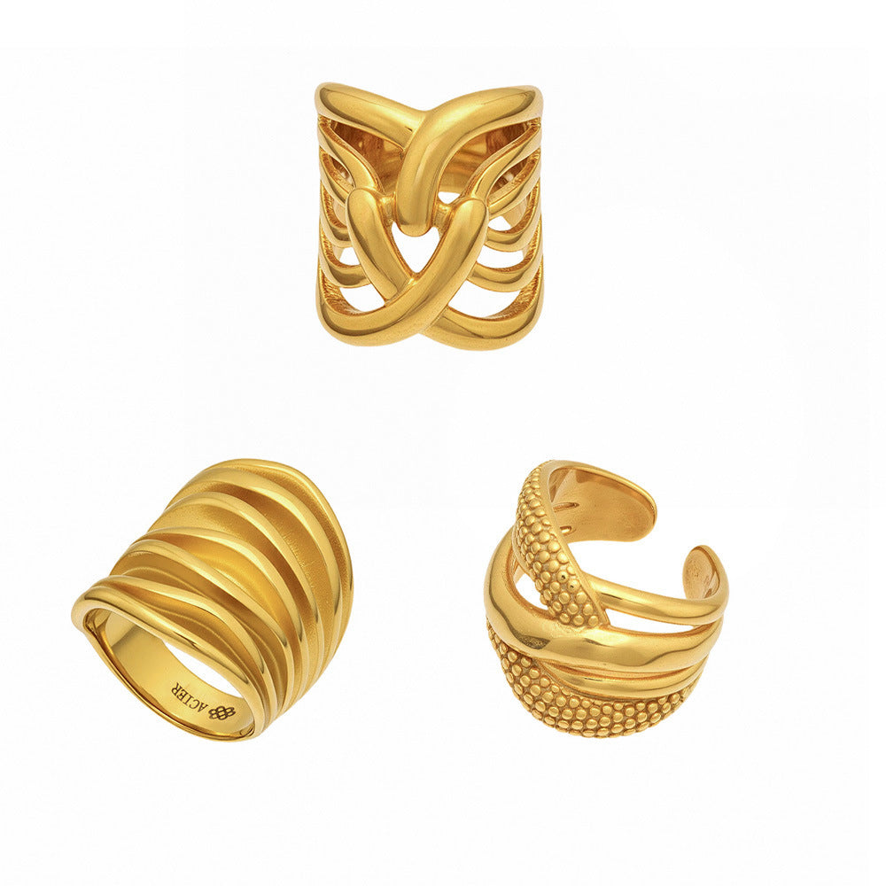 316L Stainless Steel 18K Gold PVD Multi-layer Hollow-out Statement Ring - Multi-layer Ring, Hollow-out Design, Statement Piece Wholesale Stainless Steel Jewelry - Sensitive Skin Friendly - Detail 15