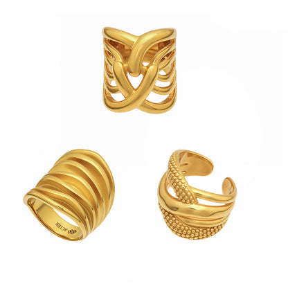 316L Stainless Steel 18K Gold PVD Multi-layer Hollow-out Statement Ring - Multi-layer Ring, Hollow-out Design, Statement Piece Wholesale Stainless Steel Jewelry - Sensitive Skin Friendly - Detail 15