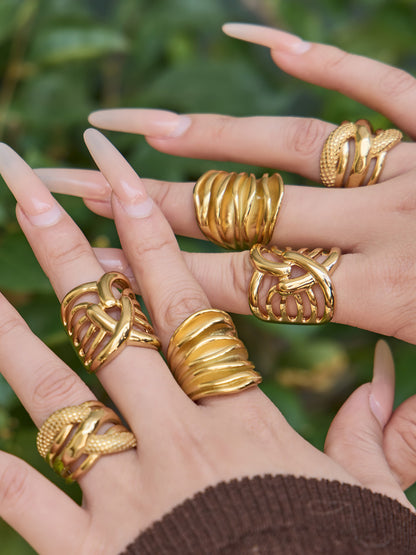 316L Stainless Steel 18K Gold PVD Multi-layer Hollow-out Statement Ring - Multi-layer Ring, Hollow-out Design, Statement Piece Wholesale Stainless Steel Jewelry - Sensitive Skin Friendly - Detail 2