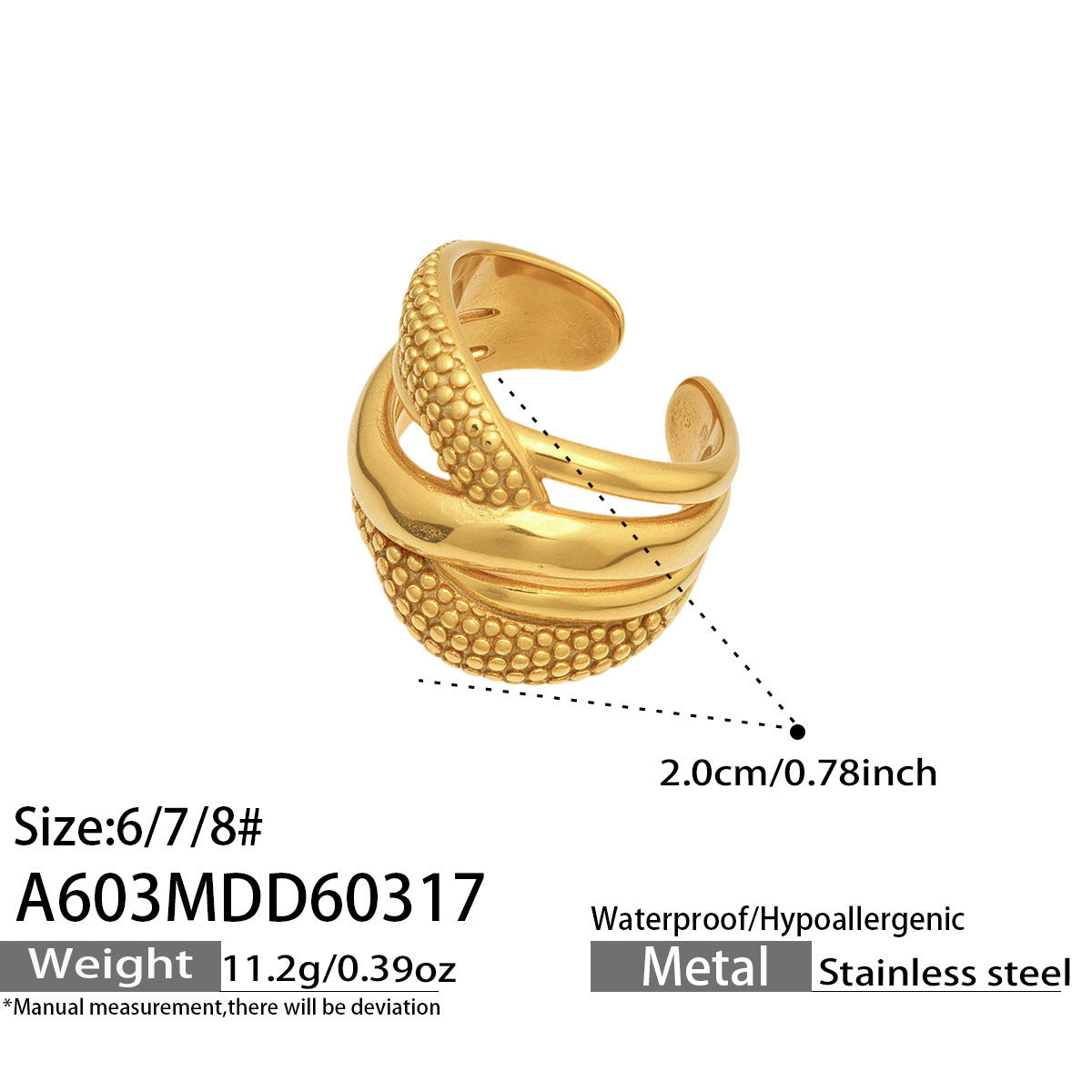 316L Stainless Steel 18K Gold PVD Multi-layer Hollow-out Statement Ring - Multi-layer Ring, Hollow-out Design, Statement Piece Wholesale Stainless Steel Jewelry - Sensitive Skin Friendly - Detail 6