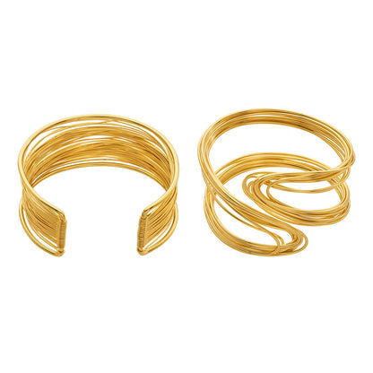 316L Stainless Steel 18K Gold PVD Multi-Layer Line Open Bangle Bracelet - Multi-Layer Line Open Bangle Bold Statement Bracelet Wholesale Stainless Steel Jewelry - Sensitive Skin Friendly - Detail 2