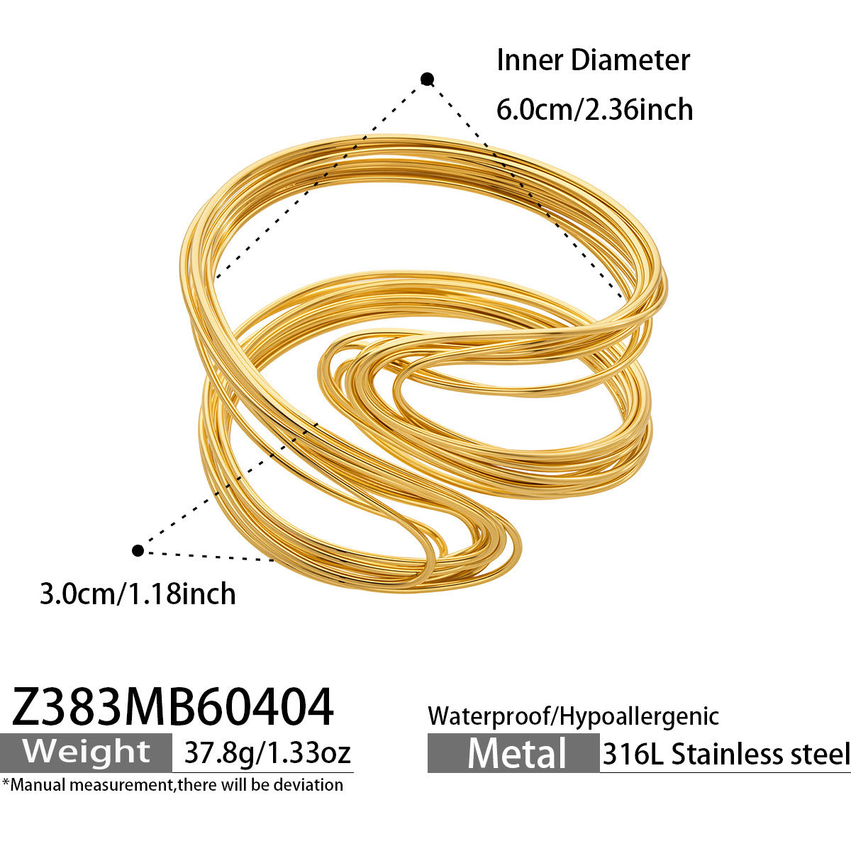 316L Stainless Steel 18K Gold PVD Multi-Layer Line Open Bangle Bracelet - Multi-Layer Line Open Bangle Bold Statement Bracelet Wholesale Stainless Steel Jewelry - Sensitive Skin Friendly - Detail 8