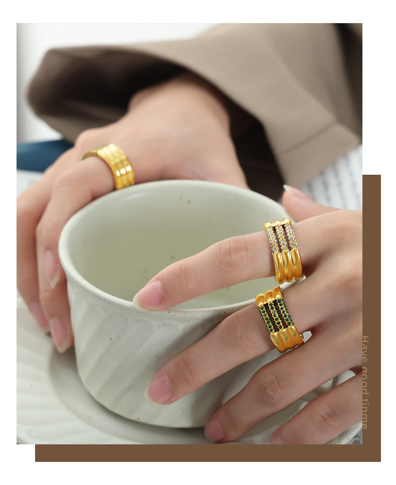 316L Stainless Steel 18K Gold PVD Multi-layer Minimalist Czech Zircon Ring - Modern Minimalist Multi-layer Czech Zircon Ring Wholesale Stainless Steel Jewelry - Sensitive Skin Friendly - Detail 3