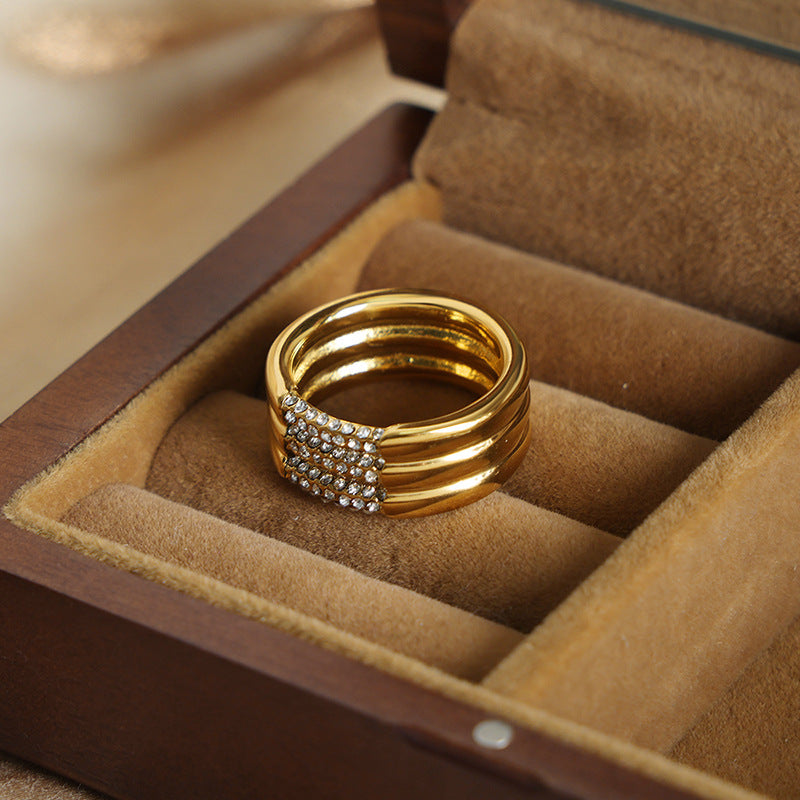 316L Stainless Steel 18K Gold PVD Multi-layer Minimalist Czech Zircon Ring - Modern Minimalist Multi-layer Czech Zircon Ring Wholesale Stainless Steel Jewelry - Sensitive Skin Friendly - Detail 9