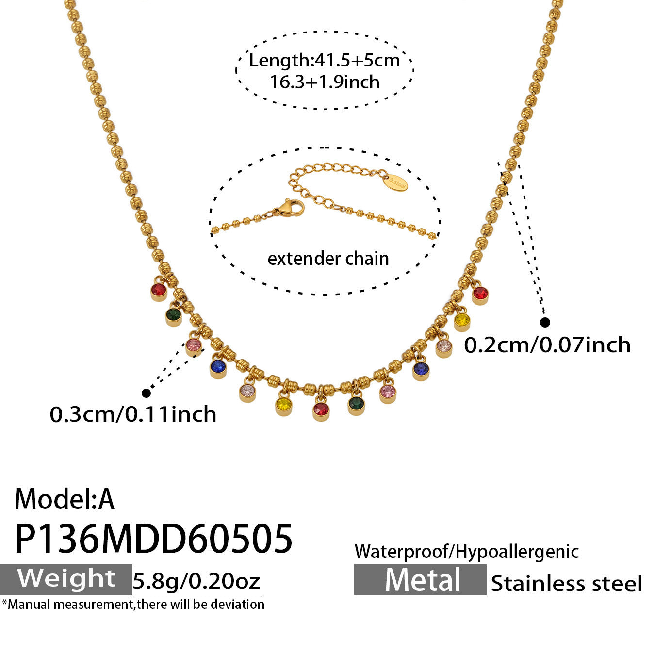 316L Stainless Steel 18K Gold PVD Multicolor Bead Geometric Zircon Necklace - Multicolor Bead Geometric Zircon Chic Macaron Necklace Wholesale Stainless Steel Jewelry - Sensitive Skin Friendly - Detail 13