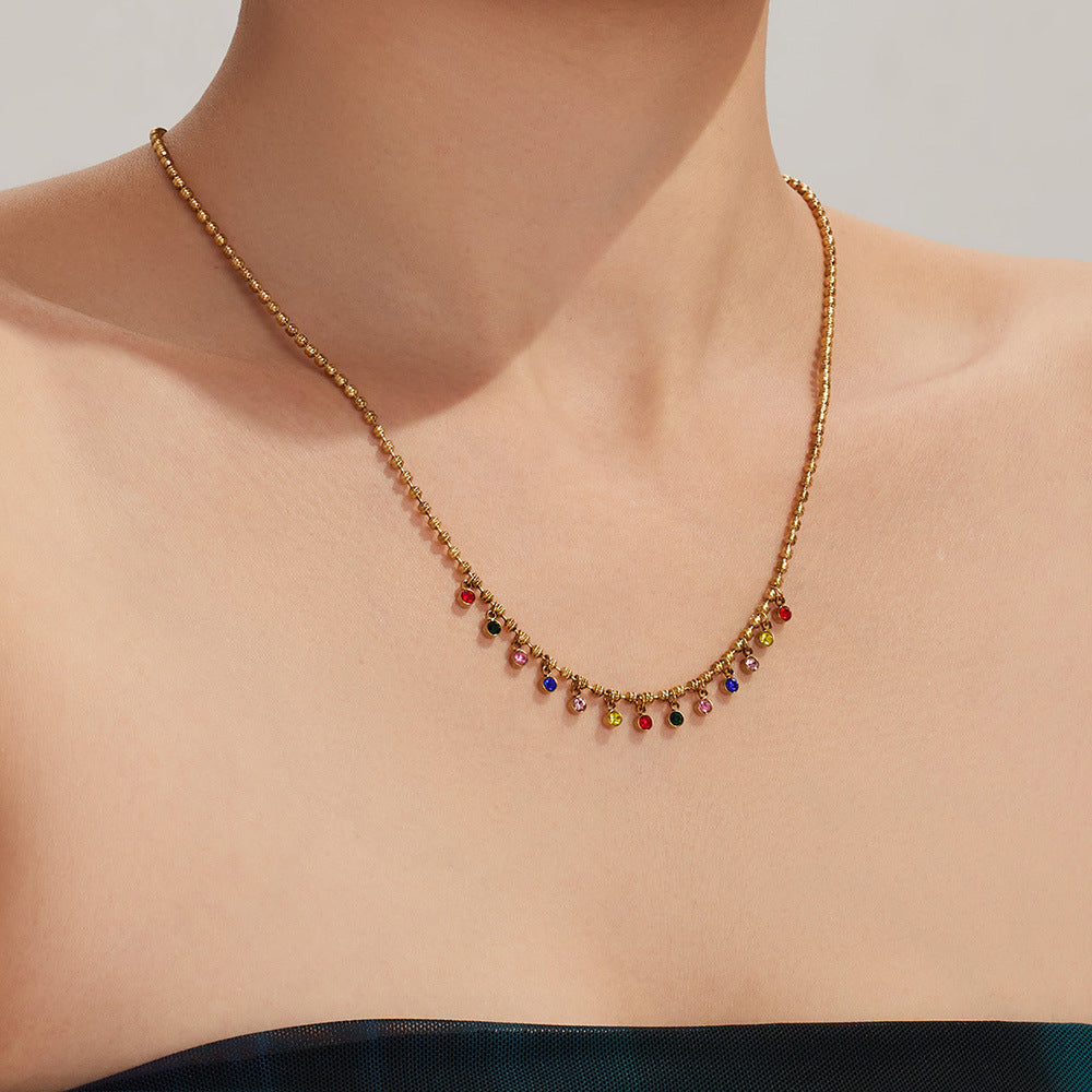 316L Stainless Steel 18K Gold PVD Multicolor Bead Geometric Zircon Necklace - Multicolor Bead Geometric Zircon Chic Macaron Necklace Wholesale Stainless Steel Jewelry - Sensitive Skin Friendly - Detail 4
