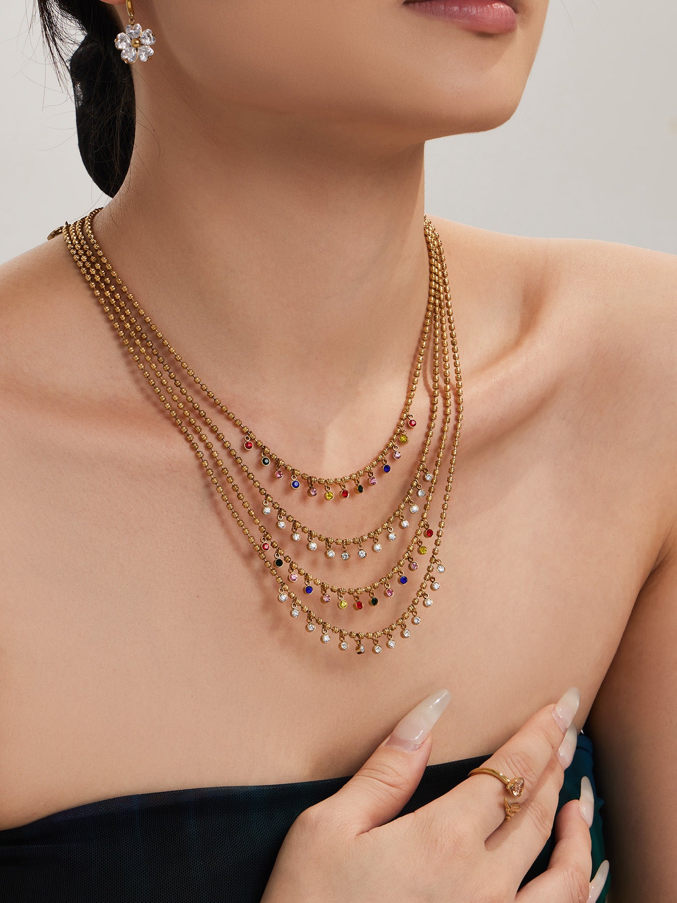 316L Stainless Steel 18K Gold PVD Multicolor Bead Geometric Zircon Necklace - Multicolor Bead Geometric Zircon Chic Macaron Necklace Wholesale Stainless Steel Jewelry - Sensitive Skin Friendly - Detail 7