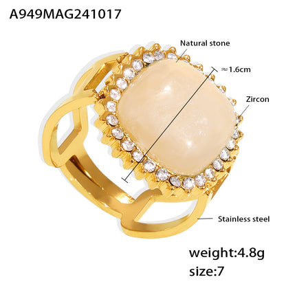 316L Stainless Steel 18K Gold PVD Natural Gemstone Open Ring - Open Ring 3A Zircon Natural Gemstone Minimalist Gold Ring Wholesale Stainless Steel Jewelry - Sensitive Skin Friendly - Detail 1