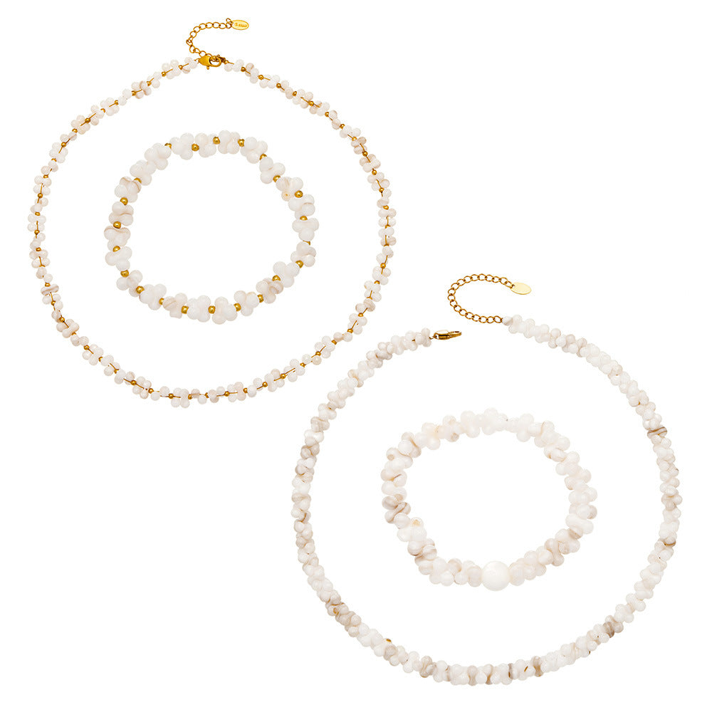 316L Stainless Steel 18K Gold PVD Natural Shell Beaded Abstract Bone Shape Necklace - Natural Shell, Beaded, Abstract Bone Shape, Elegant, Coastal, Everyday Wholesale Stainless Steel Jewelry - Sensitive Skin Friendly - Detail 1