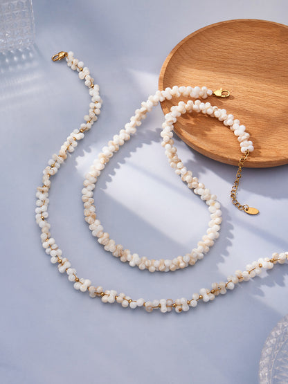 316L Stainless Steel 18K Gold PVD Natural Shell Beaded Abstract Bone Shape Necklace - Natural Shell, Beaded, Abstract Bone Shape, Elegant, Coastal, Everyday Wholesale Stainless Steel Jewelry - Sensitive Skin Friendly - Detail 11