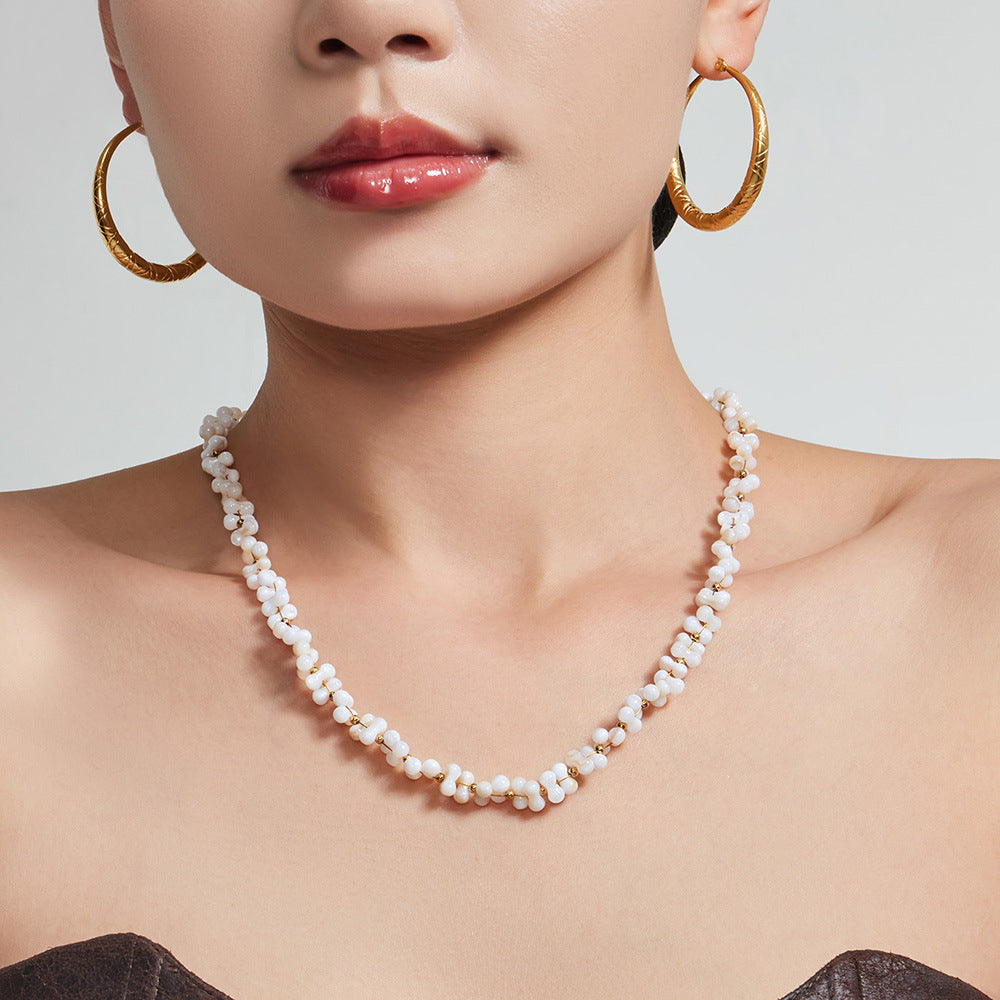 316L Stainless Steel 18K Gold PVD Natural Shell Beaded Abstract Bone Shape Necklace - Natural Shell, Beaded, Abstract Bone Shape, Elegant, Coastal, Everyday Wholesale Stainless Steel Jewelry - Sensitive Skin Friendly - Detail 17