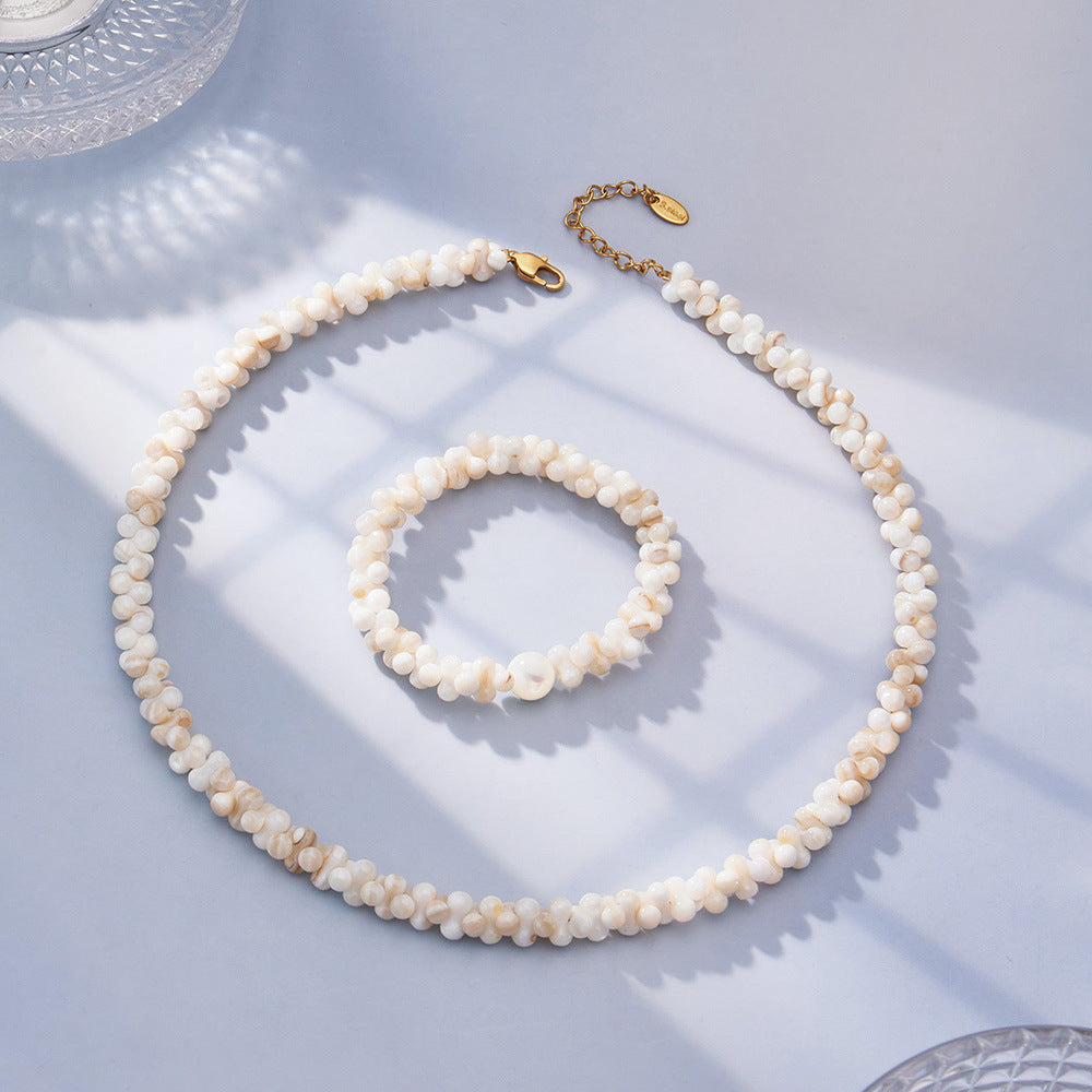 316L Stainless Steel 18K Gold PVD Natural Shell Beaded Abstract Bone Shape Necklace - Natural Shell, Beaded, Abstract Bone Shape, Elegant, Coastal, Everyday Wholesale Stainless Steel Jewelry - Sensitive Skin Friendly - Detail 19