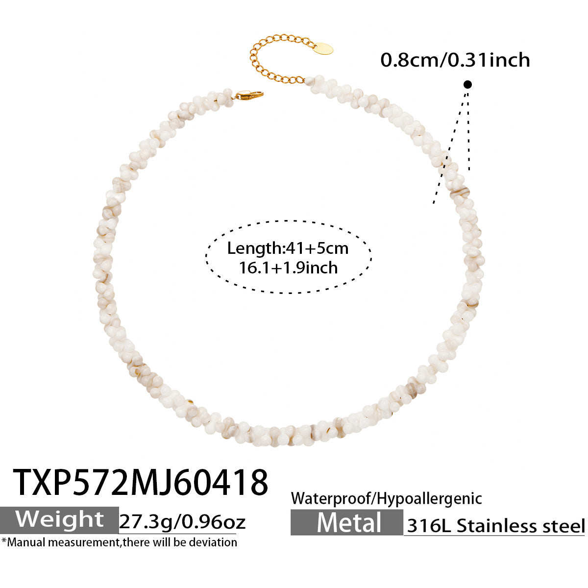 316L Stainless Steel 18K Gold PVD Natural Shell Beaded Abstract Bone Shape Necklace - Natural Shell, Beaded, Abstract Bone Shape, Elegant, Coastal, Everyday Wholesale Stainless Steel Jewelry - Sensitive Skin Friendly - Detail 2