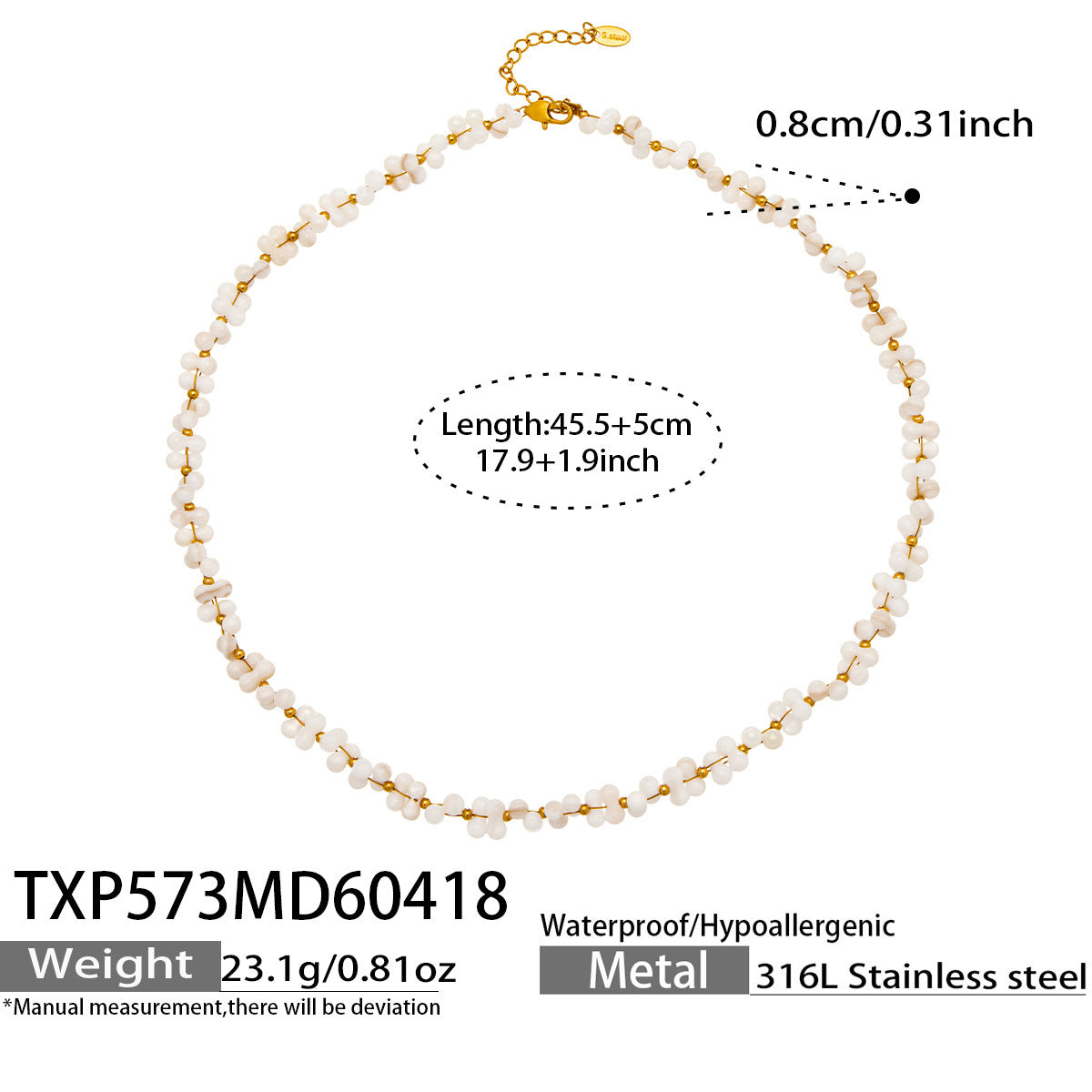 316L Stainless Steel 18K Gold PVD Natural Shell Beaded Abstract Bone Shape Necklace - Natural Shell, Beaded, Abstract Bone Shape, Elegant, Coastal, Everyday Wholesale Stainless Steel Jewelry - Sensitive Skin Friendly - Detail 4