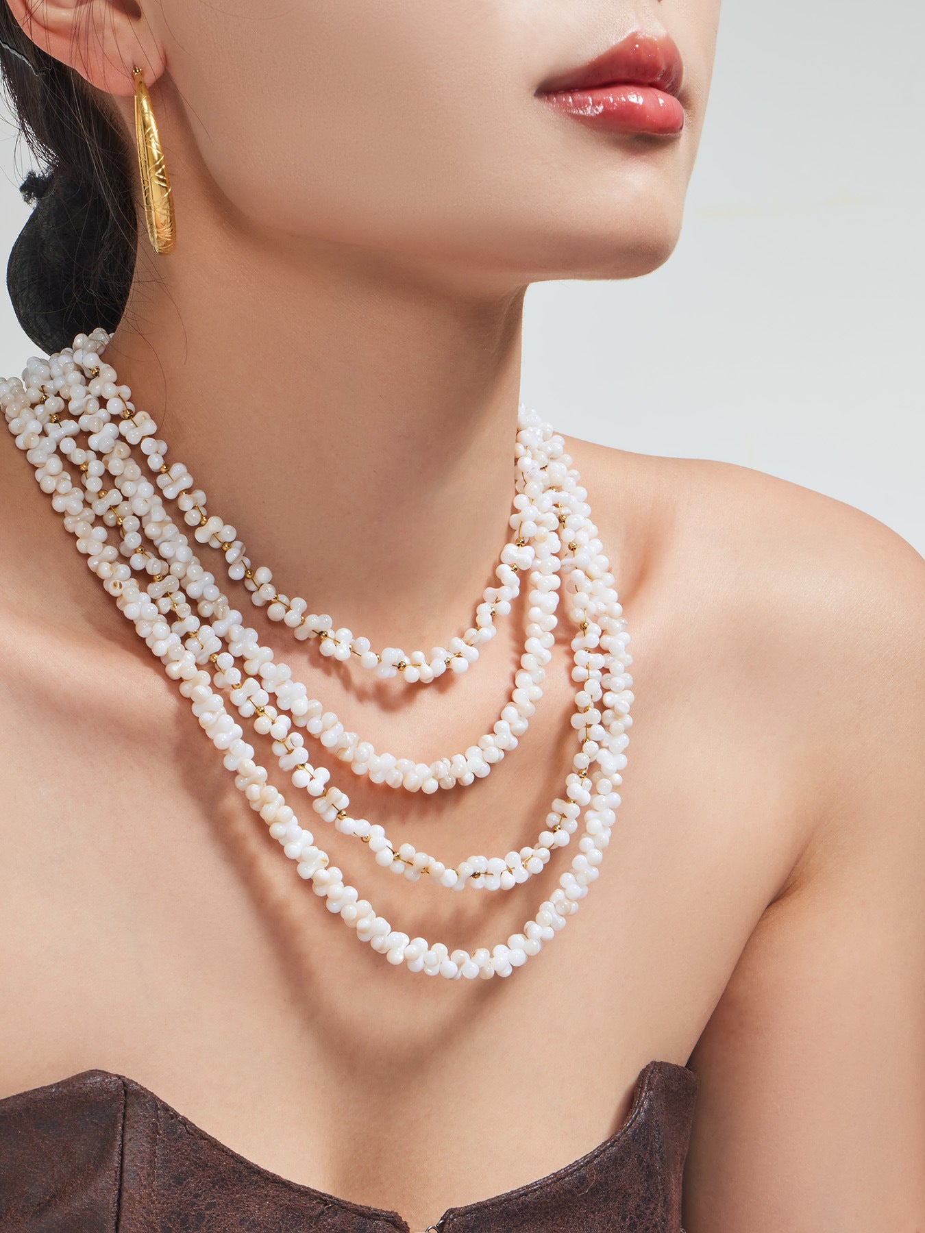 316L Stainless Steel 18K Gold PVD Natural Shell Beaded Abstract Bone Shape Necklace - Natural Shell, Beaded, Abstract Bone Shape, Elegant, Coastal, Everyday Wholesale Stainless Steel Jewelry - Sensitive Skin Friendly - Detail 7