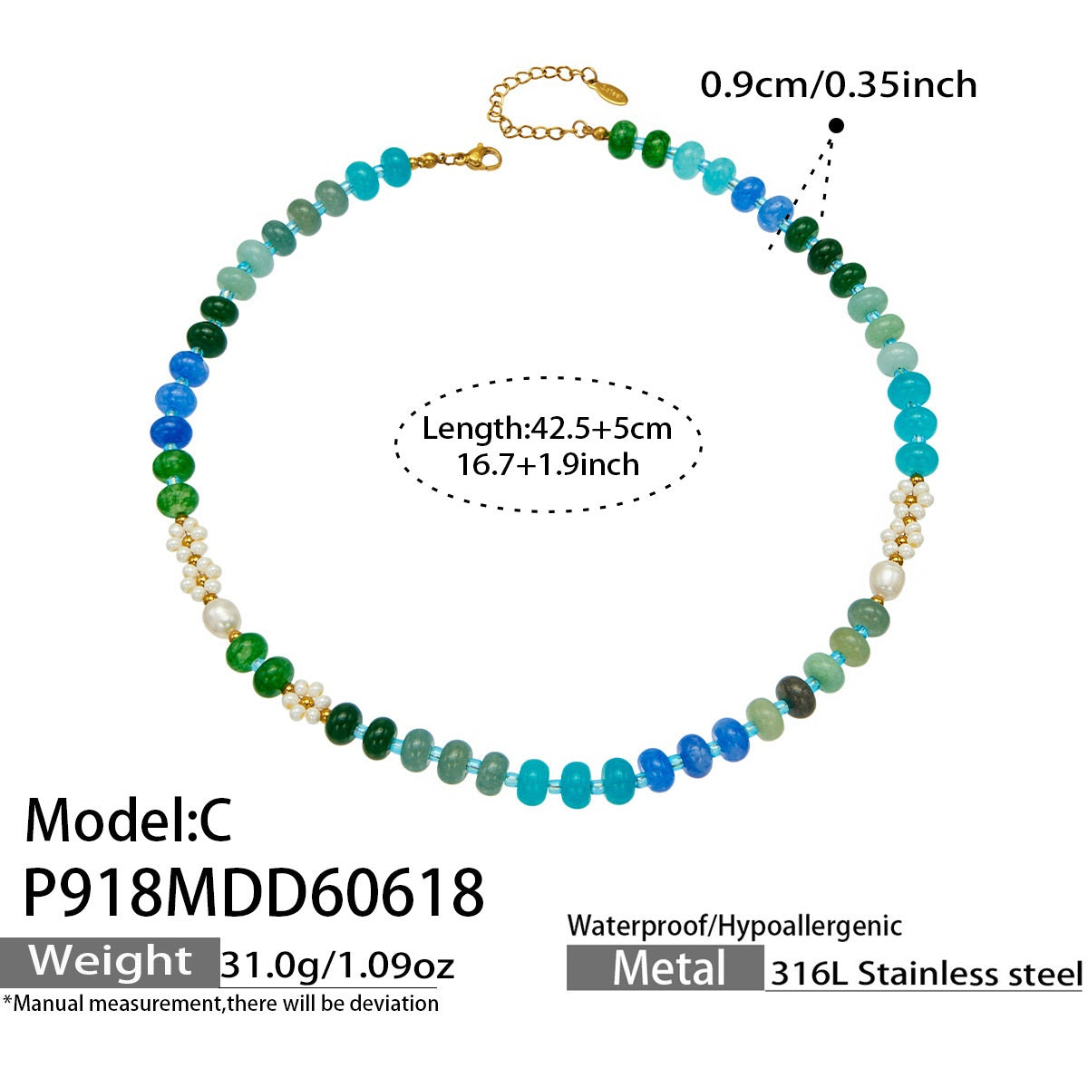 316L Stainless Steel 18K Gold PVD Natural Stone Freshwater Pearl Necklace - Natural Stone Freshwater Pearl Necklace Wholesale Stainless Steel Jewelry - Sensitive Skin Friendly - Detail 7