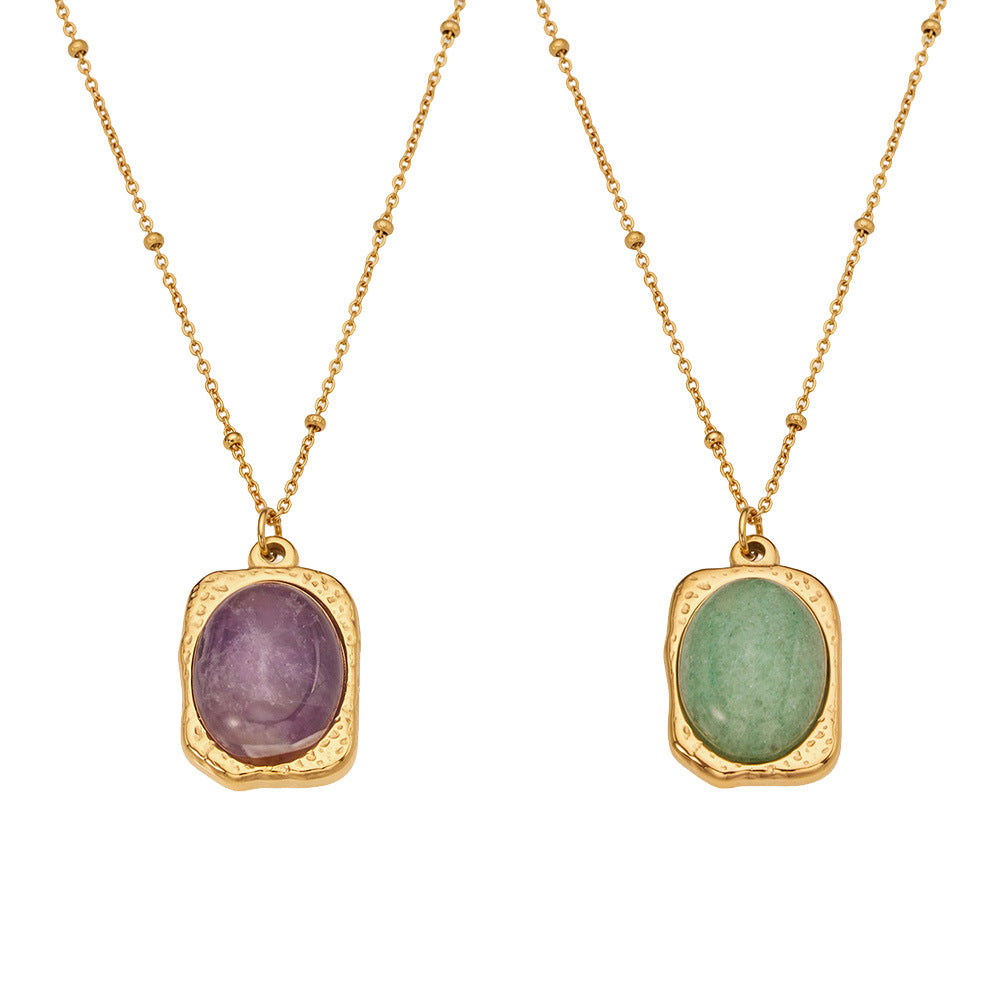 316L Stainless Steel 18K Gold PVD Natural Stone Green Necklace - Vintage Natural Green Stone Wholesale Stainless Steel Jewelry - Sensitive Skin Friendly - Detail 1