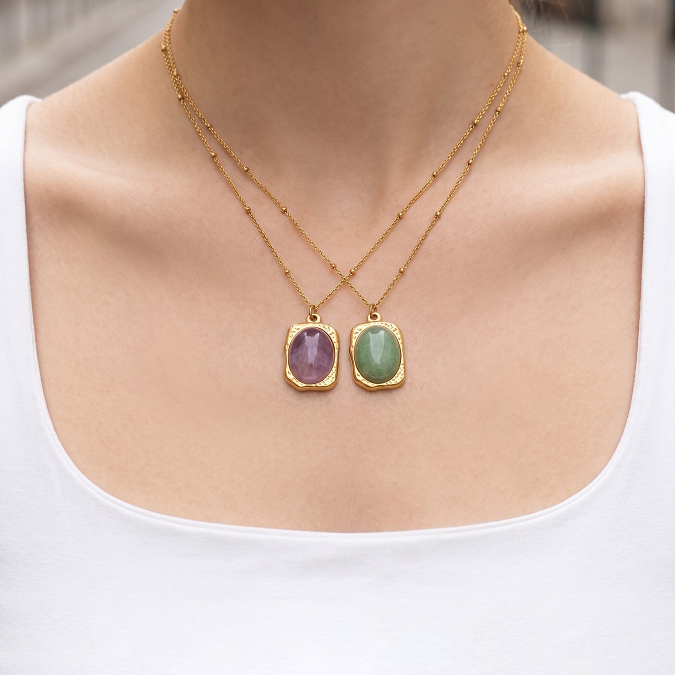 316L Stainless Steel 18K Gold PVD Natural Stone Green Necklace - Vintage Natural Green Stone Wholesale Stainless Steel Jewelry - Sensitive Skin Friendly - Detail 11