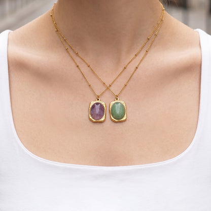 316L Stainless Steel 18K Gold PVD Natural Stone Green Necklace - Vintage Natural Green Stone Wholesale Stainless Steel Jewelry - Sensitive Skin Friendly - Detail 11