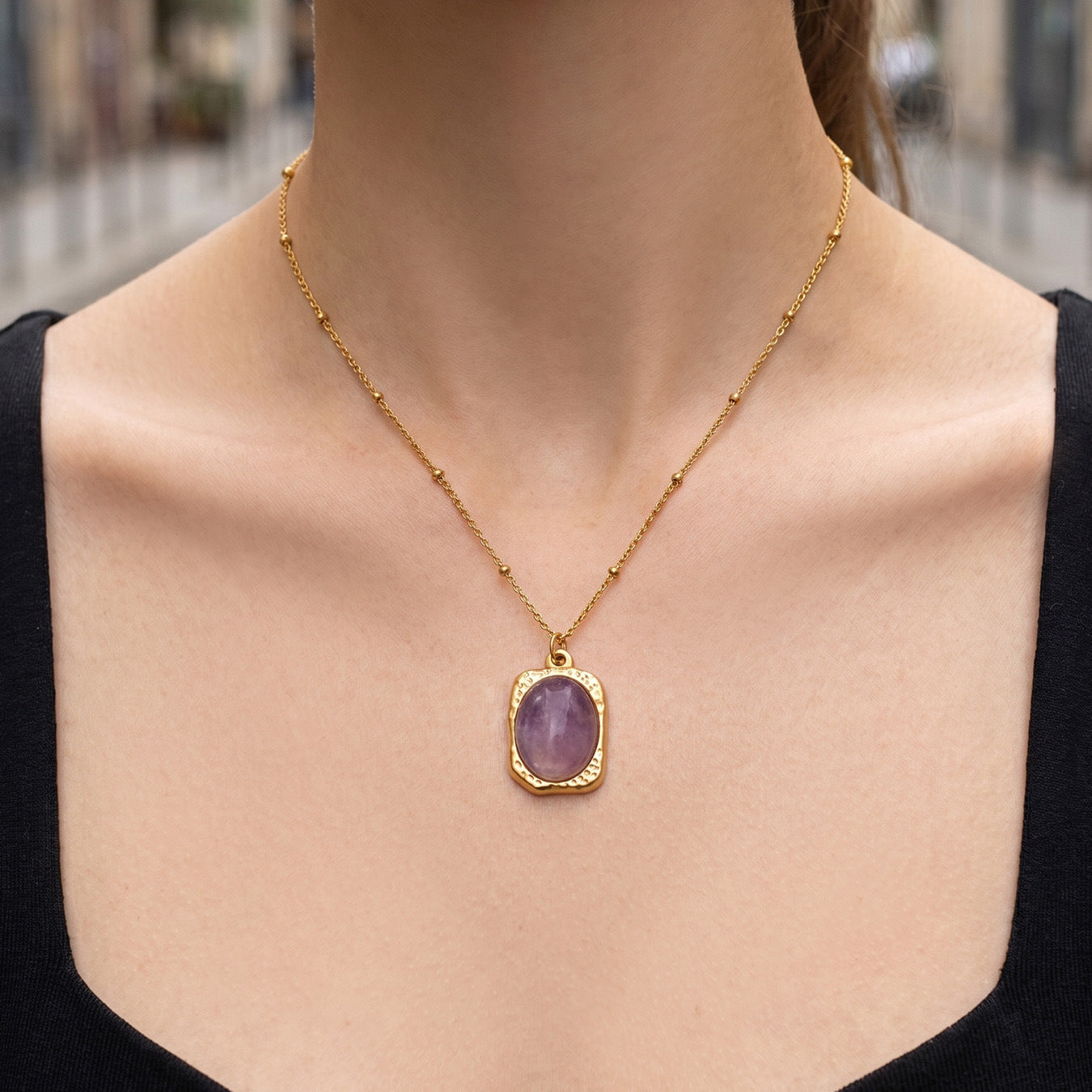 316L Stainless Steel 18K Gold PVD Natural Stone Green Necklace - Vintage Natural Green Stone Wholesale Stainless Steel Jewelry - Sensitive Skin Friendly - Detail 13