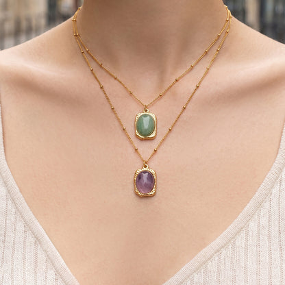 316L Stainless Steel 18K Gold PVD Natural Stone Green Necklace - Vintage Natural Green Stone Wholesale Stainless Steel Jewelry - Sensitive Skin Friendly - Detail 3