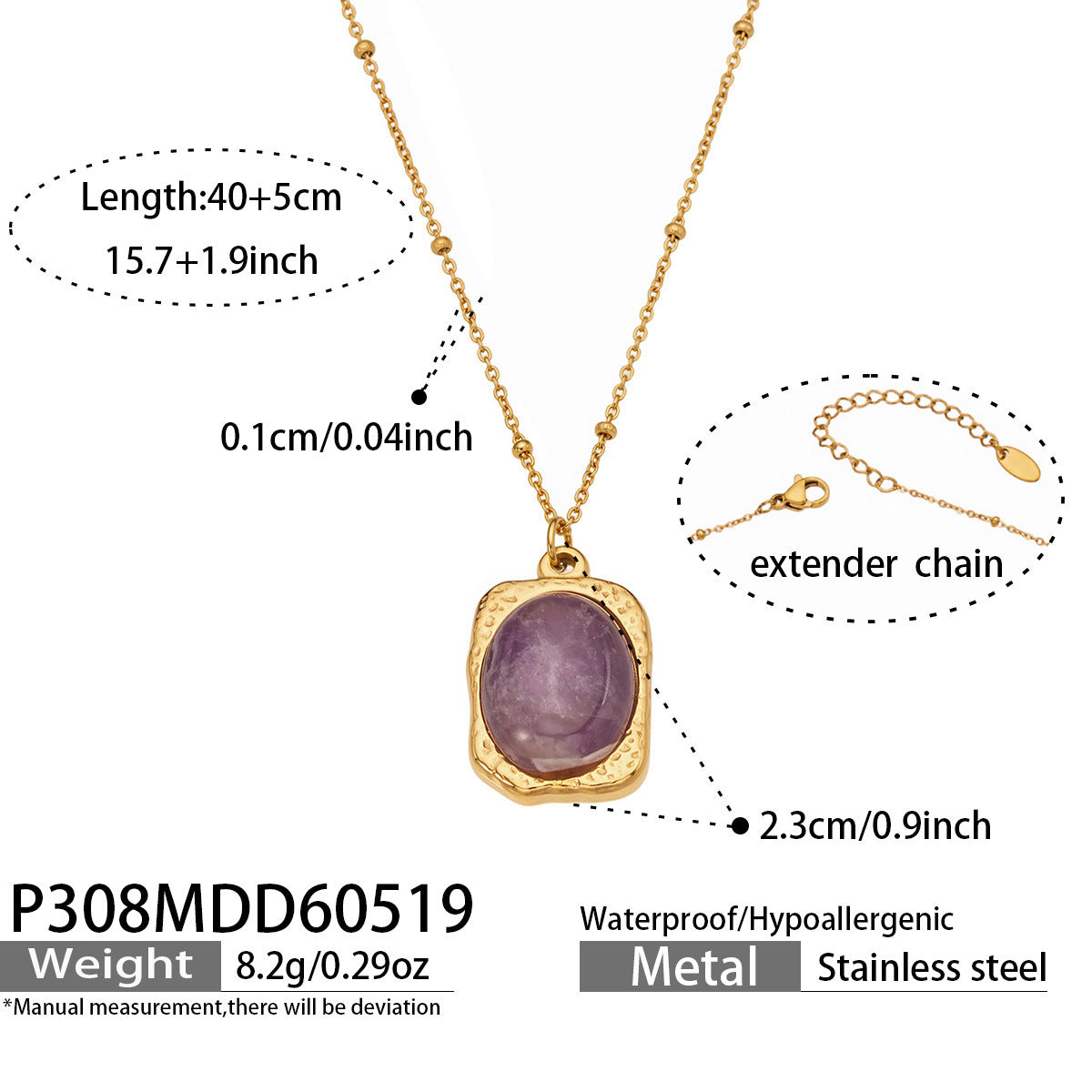 316L stainless steel natural purple stone vintage necklace, 18K PVD gold plated, hypoallergenic wholesale jewelry