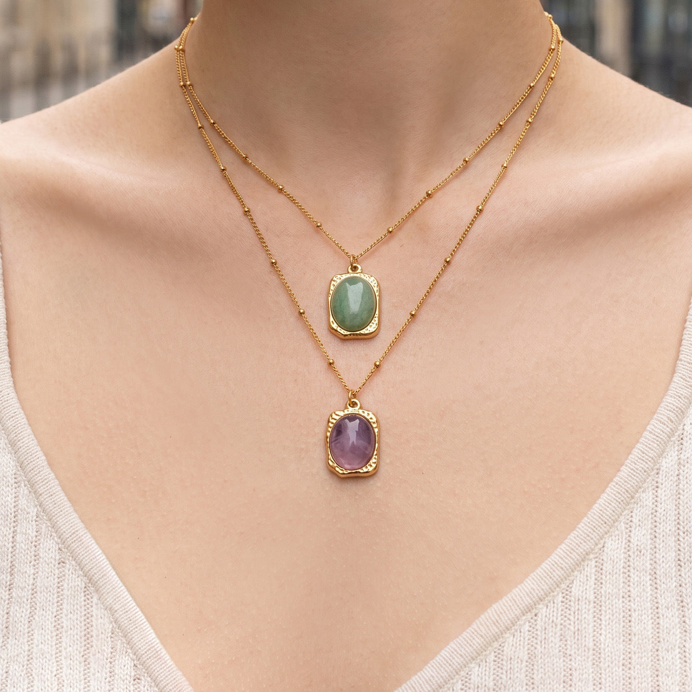 316L Stainless Steel 18K Gold PVD Natural Stone Green Necklace - Vintage Natural Green Stone Wholesale Stainless Steel Jewelry - Sensitive Skin Friendly - Detail 6