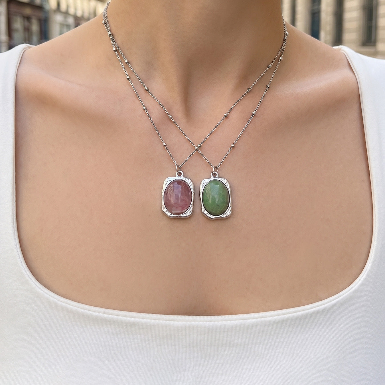 316L Stainless Steel 18K Gold PVD Natural Stone Green Necklace - Vintage Natural Green Stone Wholesale Stainless Steel Jewelry - Sensitive Skin Friendly - Detail 7