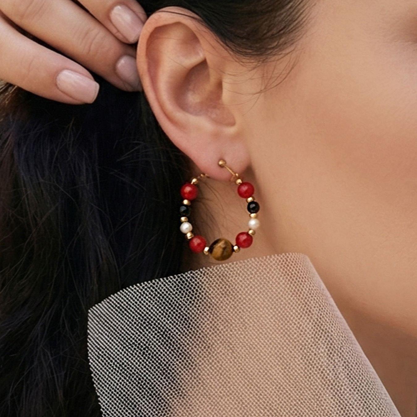 316L Stainless Steel 18K Gold PVD New Chinese Style Tiger's Eye Faux Pearl Beaded Hoop Earrings - New Chinese Style, Vintage, Beaded Hoop, Tiger's Eye, Faux Pearl Wholesale Stainless Steel Jewelry - Sensitive Skin Friendly - Detail 1