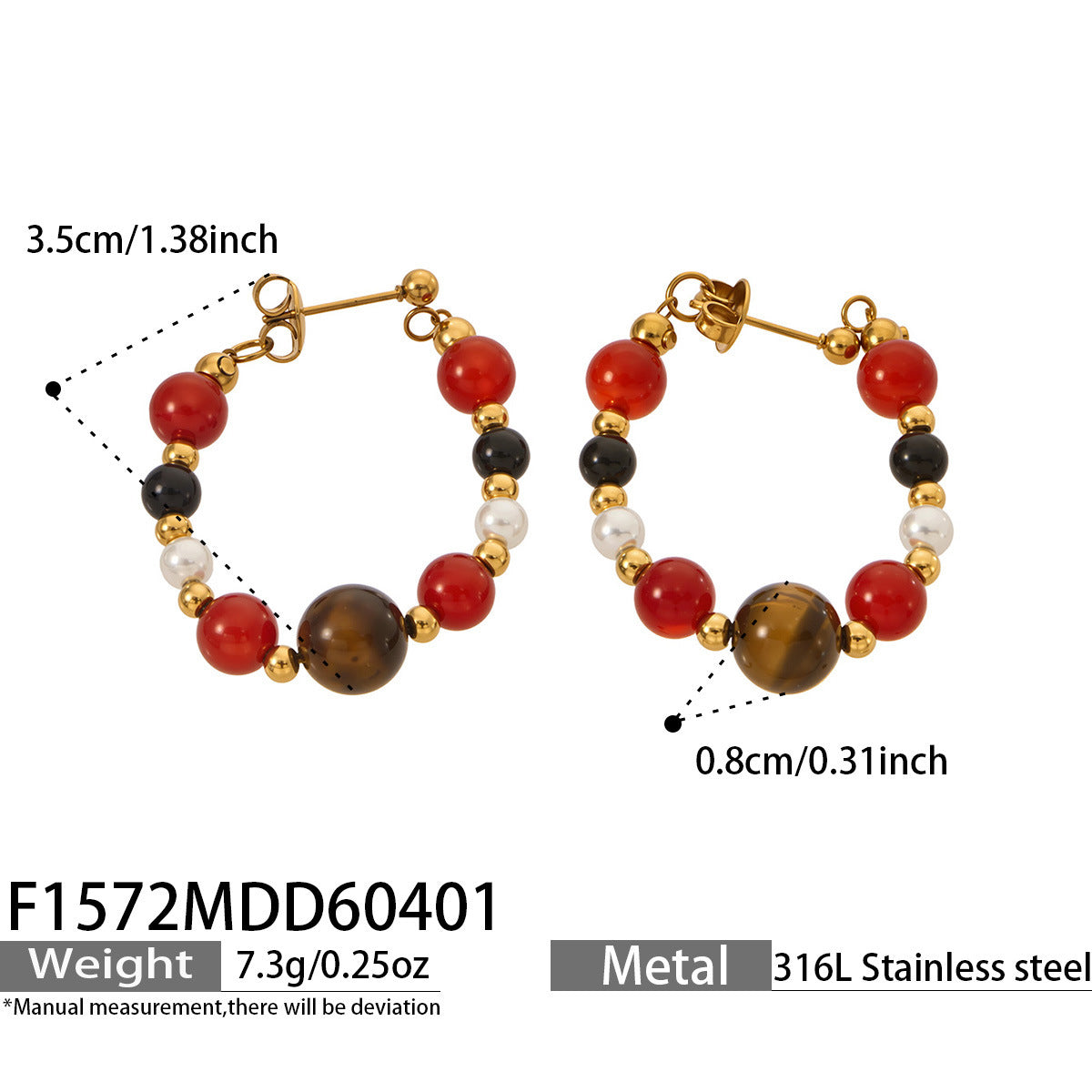 316L Stainless Steel 18K Gold PVD New Chinese Style Tiger's Eye Faux Pearl Beaded Hoop Earrings - New Chinese Style, Vintage, Beaded Hoop, Tiger's Eye, Faux Pearl Wholesale Stainless Steel Jewelry - Sensitive Skin Friendly - Detail 11
