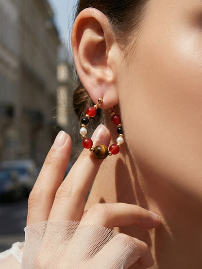 316L Stainless Steel 18K Gold PVD New Chinese Style Tiger's Eye Faux Pearl Beaded Hoop Earrings - New Chinese Style, Vintage, Beaded Hoop, Tiger's Eye, Faux Pearl Wholesale Stainless Steel Jewelry - Sensitive Skin Friendly - Detail 12
