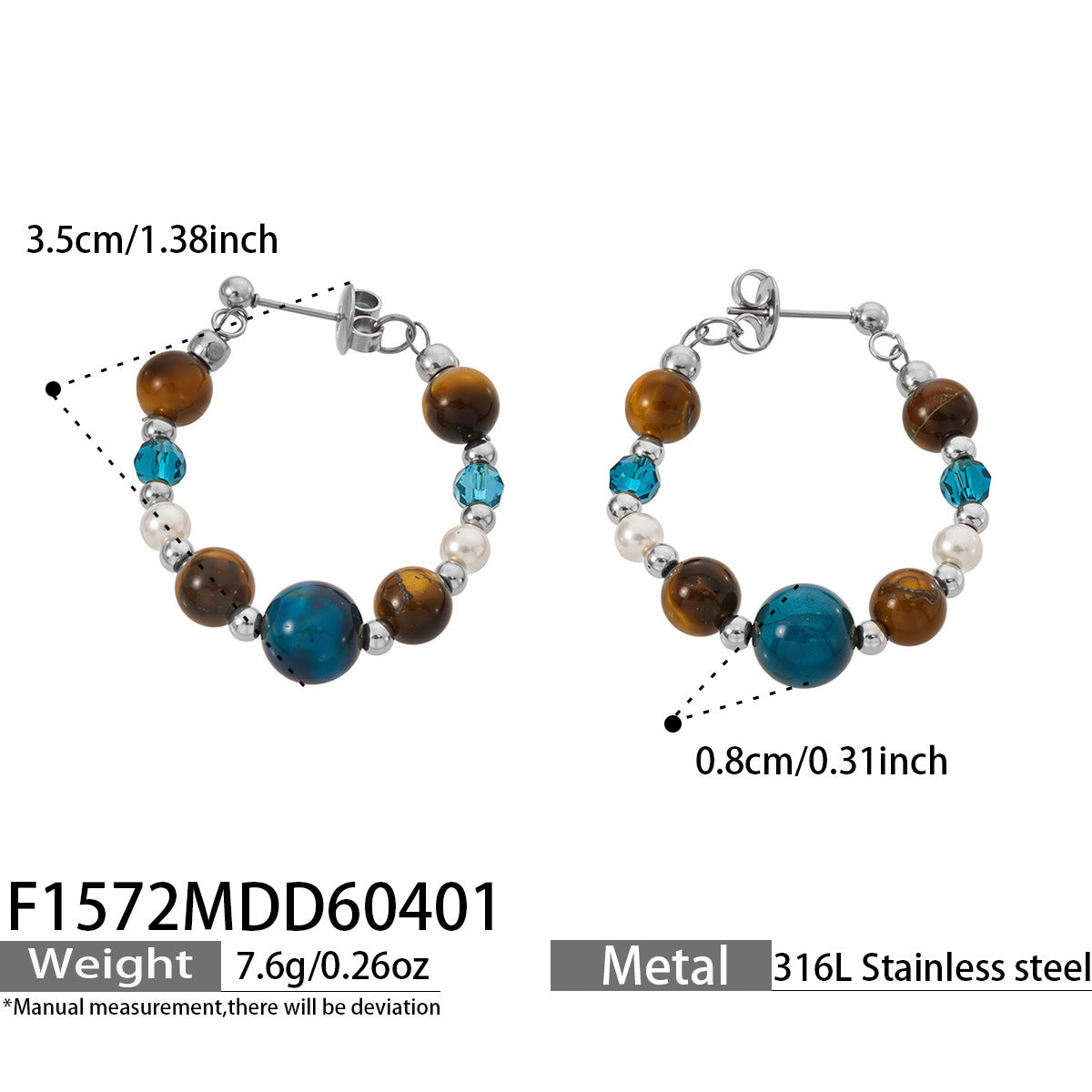 316L Stainless Steel 18K Gold PVD New Chinese Style Tiger's Eye Faux Pearl Beaded Hoop Earrings - New Chinese Style, Vintage, Beaded Hoop, Tiger's Eye, Faux Pearl Wholesale Stainless Steel Jewelry - Sensitive Skin Friendly - Detail 13