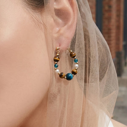 316L Stainless Steel 18K Gold PVD New Chinese Style Tiger's Eye Faux Pearl Beaded Hoop Earrings - New Chinese Style, Vintage, Beaded Hoop, Tiger's Eye, Faux Pearl Wholesale Stainless Steel Jewelry - Sensitive Skin Friendly - Detail 14