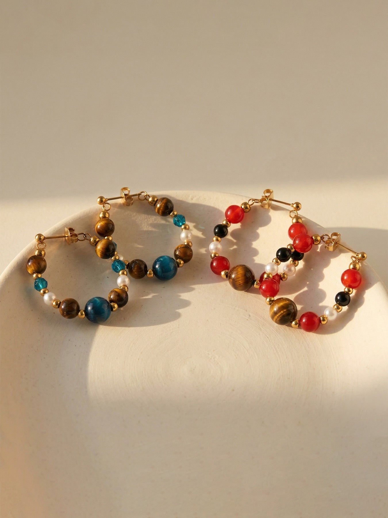 316L Stainless Steel 18K Gold PVD New Chinese Style Tiger's Eye Faux Pearl Beaded Hoop Earrings - New Chinese Style, Vintage, Beaded Hoop, Tiger's Eye, Faux Pearl Wholesale Stainless Steel Jewelry - Sensitive Skin Friendly - Detail 15