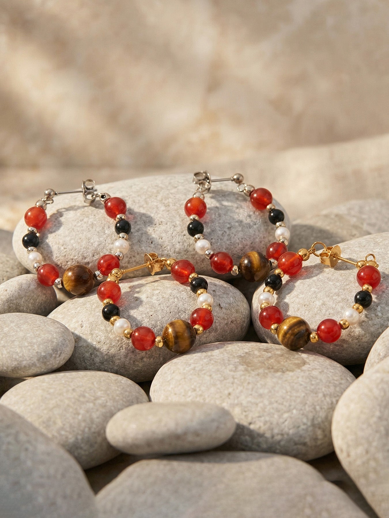 316L Stainless Steel 18K Gold PVD New Chinese Style Tiger's Eye Faux Pearl Beaded Hoop Earrings - New Chinese Style, Vintage, Beaded Hoop, Tiger's Eye, Faux Pearl Wholesale Stainless Steel Jewelry - Sensitive Skin Friendly - Detail 6