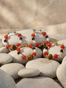 316L Stainless Steel 18K Gold PVD New Chinese Style Tiger's Eye Faux Pearl Beaded Hoop Earrings - New Chinese Style, Vintage, Beaded Hoop, Tiger's Eye, Faux Pearl Wholesale Stainless Steel Jewelry - Sensitive Skin Friendly - Detail 6