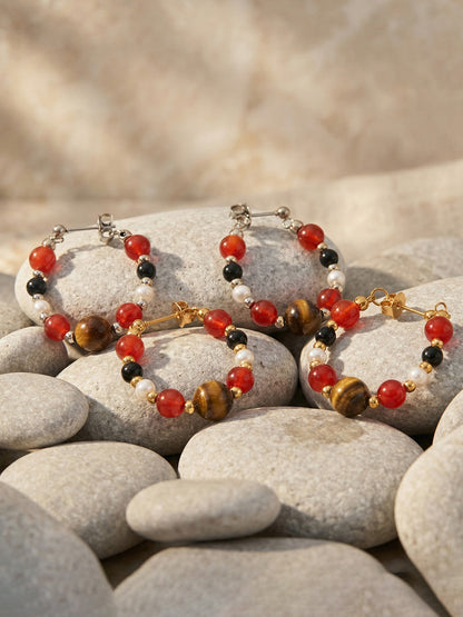 316L Stainless Steel 18K Gold PVD New Chinese Style Tiger's Eye Faux Pearl Beaded Hoop Earrings - New Chinese Style, Vintage, Beaded Hoop, Tiger's Eye, Faux Pearl Wholesale Stainless Steel Jewelry - Sensitive Skin Friendly - Detail 6